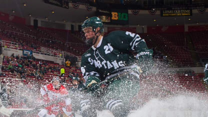 Villiam Haag #26 of the Michigan State Spartans follows the play against the Ohio State Buckeyes during game one of the Big Ten Men's Ice Hockey Tournament - Quarterfinals at Joe Louis Arena on March 16, 2017 in Detroit, Michigan. The Buckeyes defeated the Spartans 6-3. (Photo by Dave Reginek/Getty Images)