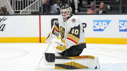 Goaltender Akira Schmid #40 the Vegas Golden Knights makes a glove hand save against the San Jose Sharks during the first period at SAP Center on September 22, 2024 in San Jose, California. (Photo by Thearon W. Henderson/Getty Images)