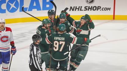 Matt Boldy #12, Marcus Johansson #90, Jake Middleton #5, Marco Rossi #23 and Kirill Kaprizov #97 of the Minnesota Wild celebrate after scoring a goal against the Montreal Canadiens during the game at the Xcel Energy Center on November 14, 2024 in Saint Paul, Minnesota. (Photo by Bruce Kluckhohn/NHLI via Getty Images)