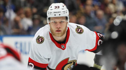 Nikolas Matinpalo #33 of the Ottawa Senators waits for a faceoff against the Toronto Maple Leafs during the first period of an NHL game at Scotiabank Arena on November 8, 2023 in Toronto, Ontario, Canada. The Senators defeated the Maple Leafs 6-3. (Photo by Claus Andersen/Getty Images)