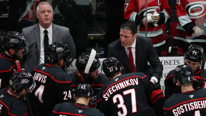 Head coach Rod Brind'Amour of the Carolina Hurricanes speaks with his team during the third period against the Vegas Golden Knights in Game One of the 2026 Stanley Cup Final at Lenovo Center on June 02, 2026 in Raleigh, North Carolina. (Photo by Jared C. Tilton/Getty Images)
