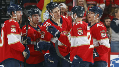 Jesse Puljujarvi #20 of the Florida Panthers celebrates his goal with teammates against the Buffalo Sabres at the Amerant Bank Arena on April 12, 2025 in Sunrise, Florida. (Photo by Eliot J. Schechter/NHLI via Getty Images)