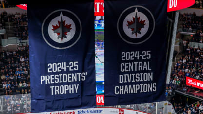 The Winnipeg Jets banners celebrating the Central Division Champions and Presidents' Trophy victories hang from the rafters during third period action against the Dallas Stars at Canada Life Centre on October 09, 2025 in Winnipeg, Manitoba, Canada. (Photo by Jonathan Kozub/NHLI via Getty Images)