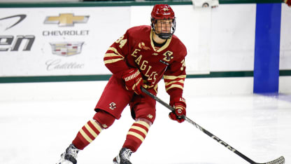 Gabe Perreault #34 of Boston College skates with the puck before a game between Boston College and Michigan State University at Munn Ice Arena on October 11, 2024 in East Lansing, Michigan. (Photo by Michael Miller/ISI Photos/Getty Images)