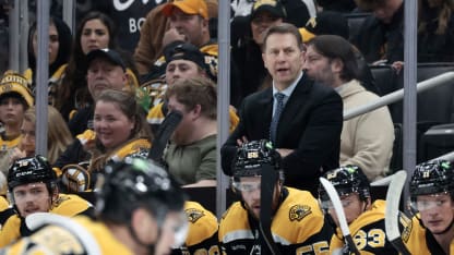 Boston Bruins interim head coach Joe Sacco during a game between the Boston Bruins and the Utah Hockey Club on November 21, 2024, at TD Garden in Boston, Massachusetts. (Photo by Fred Kfoury III/Icon Sportswire via Getty Images)