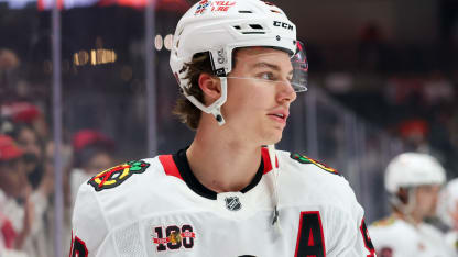 Connor Bedard #98 of the Chicago Blackhawks looks on during warm ups prior to the game against the Anaheim Ducks at Honda Center on December 7, 2025 in Anaheim, California. (Photo by Debora Robinson/NHLI via Getty Images)