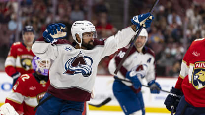 Colorado Avalanche defenseman Oliver Kylington (58) reacts to scoring a goal during the third period of a game against the Florida Panthers on November 23, 2024, at the Amerant Bank Arena in Sunrise, Florida. (Photo by Brennan Asplen/Icon Sportswire via Getty Images)