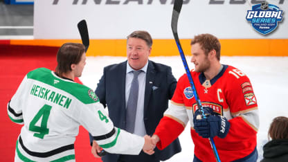 Former hockey player Jari Kurri of Finland drops the ceremonial first puck with Miro Heiskanen #4 of the Dallas Stars and Aleksander Barkov #16 of the Florida Panthers before the start of the 2024 NHL Global Series Finland game between the Dallas Stars and the Florida Panthers at Nokia Arena on November 02, 2024 in Tampere, Finland. (Photo by Andre Ringuette/NHLI via Getty Images)