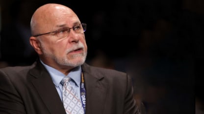 General manager Barry Trotz of the Nashville Predators (L) talks on the draft floor during the 2023 Upper Deck NHL Draft - Rounds 2-7 at Bridgestone Arena on June 29, 2023 in Nashville, Tennessee. (Photo by Dave Sandford/NHLI via Getty Images)