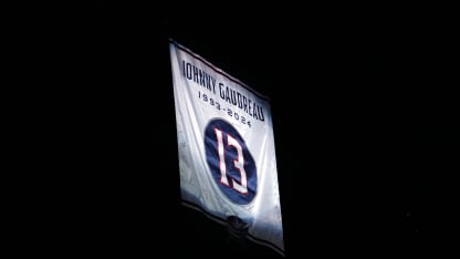 A banner honoring Columbus Blue Jackets player Johnny Gaudreau is raised to the rafters before a game against the Florida Panthers in the home opener at Nationwide Arena on October 15, 2024 in Columbus, Ohio. Gaudreau along with his brother Matthew were killed by a driver while biking in Salem County, New Jersey in August. at Nationwide Arena on October 15, 2024 in Columbus, Ohio. (Photo by Jason Mowry/Getty Images)