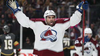 Nazem Kadri #91 of the Colorado Avalanche celebrates after a goal by Mikko Rantanen #96 during the third period against the Vegas Golden Knights at T-Mobile Arena on February 16, 2022 in Las Vegas, Nevada. (Photo by Zak Krill/NHLI via Getty Images)