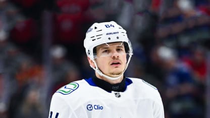 OTTAWA, CANADA - JANUARY 13: David Kampf #64 of the Vancouver Canucks looks on during the second period against the Ottawa Senators at Canadian Tire Centre on January 13, 2026 in Ottawa, Ontario, Canada. The Ottawa Senators defeated the Vancouver Canucks 2-1. (Photo by Minas Panagiotakis/Getty Images)