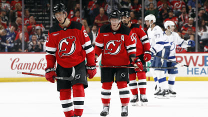 Jesper Bratt #63 of the New Jersey Devils reacts after a goal scored by Victor Hedman #77 of the Tampa Bay Lightning (not pictured) during the second period against the New Jersey Devils at Prudential Center on October 22, 2024 in Newark, New Jersey. (Photo by Sarah Stier/Getty Images)