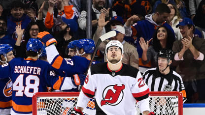 Timo Meier #28 of the New Jersey Devils reacts after Simon Holmstrom #10 of the New York Islanders scored a goal during the second period at UBS Arena on January 06, 2026 in Elmont, New York. (Photo by Steven Ryan/NHLI via Getty Images)