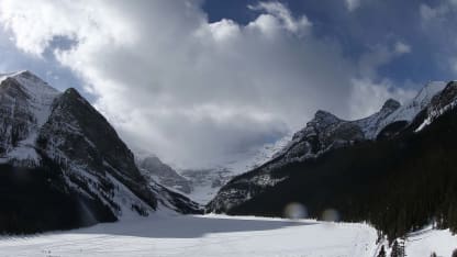 A general view of the outdoor shinny hockey rinks from the roof of the Chateau Lake Louise Fairmont during the 7th Annual Lake Louise Pond Hockey Classic on the frozen surface of Lake Louise on February 27, 2016 in Lake Louise, Alberta, Canada. (Photo by Tom Szczerbowski/Getty Images)