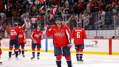 WASHINGTON, DC - MARCH 31: Alex Ovechkin #8 of the Washington Capitals celebrates a victory against the Philadelphia Flyers during a game at Capital One Arena on March 31, 2026 in Washington, D.C. (Photo by John McCreary/NHLI via Getty Images)