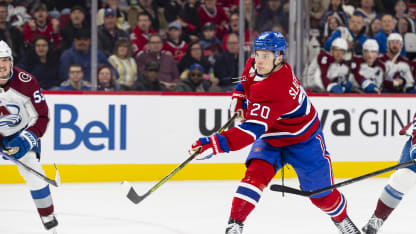 Juraj Slafkovsky #20 of the Montreal Canadiens scores a goal during the third period of the NHL regular season game between the Montreal Canadiens and the Colorado Avalanche at the Bell Centre on March 22, 2025 in Montreal, Quebec, Canada. (Photo by Vitor Munhoz/NHLI via Getty Images)