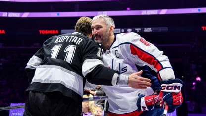Anze Kopitar #11 of the Los Angeles Kings and Alex Ovechkin #8 of the Washington Capitals pose for a photo during the ceremonial puck drop on Hockey Fights Cancer Night prior to the game between the Washington Capitals and the Los Angeles Kings at Crypto.com Arena on December 2, 2025 in Los Angeles, California. (Photo by Juan Ocampo/NHLI via Getty Images)