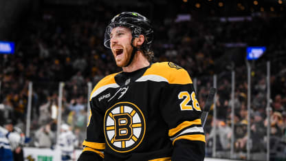 Elias Lindholm #28 of the Boston Bruins celebrates his fist period goal against the Tampa Bay Lightning at TD Garden on March 15, 2025 in Boston, Massachusetts. (Photo by China Wong/NHLI via Getty Images)