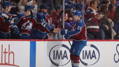 DENVER, COLORADO - MARCH 30: Nathan MacKinnon #29 of the Colorado Avalanche celebrates after a goal against the Calgary Flames at Ball Arena on March 30, 2026 in Denver, Colorado. (Photo by Michael Martin/NHLI via Getty Images)