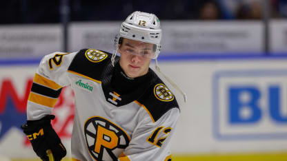 Providence Bruins forward James Hagens (12) skates during warm ups prior to the AHLD game between the Providence Bruins and Rochester Americans on April 4, 2026, at Blue Cross Arena in Rochester, NY. (Photo by Jerome Davis/Icon Sportswire via Getty Images)