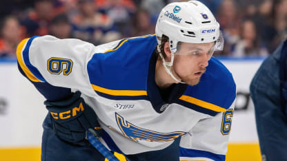 Philip Broberg #6 of the St. Louis Blues awaits a face-off during the game against the Edmonton Oilers at Rogers Place on April 9, 2025, in Edmonton, Alberta, Canada. (Photo by Andy Devlin/NHLI via Getty Images)