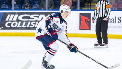 Jakub Vanecek #25 of the Tri-City Americans carries the puck against the Kelowna Rockets at Prospera Place on January 07, 2026 in Kelowna, British Columbia. (Photo by Steve Dunsmoor/Getty Images)