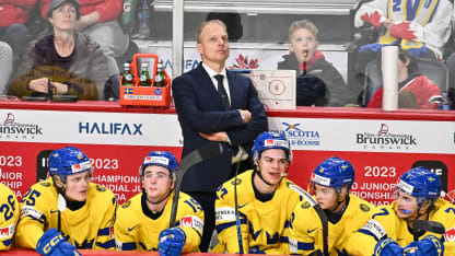 Head coach of Team Sweden, Magnus Havelid handles bench duties during the second period against Team Czech Republic in the semifinal round of the 2023 IIHF World Junior Championship at Scotiabank Centre on January 4, 2023 in Halifax, Nova Scotia, Canada. Team Czech Republic defeated Team Sweden 2-1 in overtime. (Photo by Minas Panagiotakis/Getty Images)