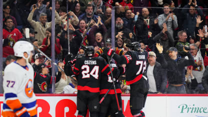 Brady Tkachuk #7 of the Ottawa Senators celebrates his third-period goal against the New York Islanders with teammates Dylan Cozens #24, Drake Batherson #19 and Thomas Chabot #72 on March 19, 2026 at Canadian Tire Centre in Ottawa, Ontario, Canada. (Photo by André Ringuette/NHLI via Getty Images)