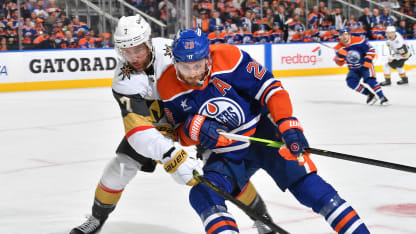 Leon Draisaitl #29 of the Edmonton Oilers battles against Alex Pietrangelo #7 of the Vegas Golden Knights during the second period of the game at Rogers Place on November 6, 2024, in Edmonton, Alberta, Canada. (Photo by Andy Devlin/NHLI via Getty Images)