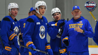 Head coach Lindy Ruff of the Buffalo Sabres leads practice prior to the 2024 NHL Global Series Czechia on September 30, 2024 in Prague, Czech Republic