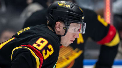 VANCOUVER, BC - MARCH 19: Vancouver Canucks center Marco Rossi (93) waits for a face off during the first period of an NHL hockey game between the Tampa Bay Lightning and the Vancouver Canucks on Thursday, March 19, 2026 at Rogers Arena in Vancouver, B.C. (Photo by Ethan Cairns/Icon Sportswire via Getty Images)