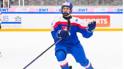 Dalibor Dvorsky of Slovakia celebrating his goal during U18 Ice Hockey World Championship bronze medal dispute match between Canada and Slovakia at St. Jakob-Park at St. Jakob-Park on April 30, 2023 in Basel, Switzerland. (Photo by Jari Pestelacci/Eurasia Sport Images/Getty Images)