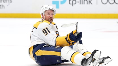 ANAHEIM, CALIFORNIA - APRIL 07: Steven Stamkos #91 of the Nashville Predators looks up after being pushed to the ground by Jackson LaCombe #2 of the Anaheim Ducks during the first period of a game at Honda Center on April 07, 2026 in Anaheim, California. (Photo by Sean M. Haffey/Getty Images)