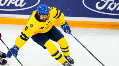 Andrew Gibson of Canada (L) trying to stop Felix Unger Sorum of Sweden (R) <during the semi final of U18 Ice Hockey World Championship match between Sweden and Canada at St. Jakob-Park on April 29, 2023 in Basel, Switzerland. (Photo by Jari Pestelacci/Eurasia Sport Images/Getty Images)