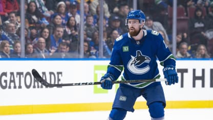 Filip Hronek #17 of the Vancouver Canucks skates up ice during their NHL game against the New York Rangers at Rogers Arena on November 19, 2024 in Vancouver, British Columbia, Canada. (Photo by Jeff Vinnick/NHLI via Getty Images)