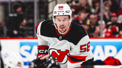 Erik Haula #56 of the New Jersey Devils looks on during Game Two of the First Round of the 2025 Stanley Cup Playoffs against the Carolina Hurricanes at Lenovo Center on April 22, 2025 in Raleigh, North Carolina. (Photo by Andrew Maclean/NHLI via Getty Images)