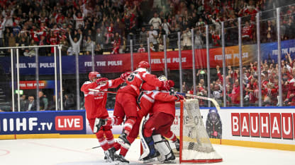 ODENSE, DENMARK - MAY 22: Denmark celebrate the victory during the 2025 Ice Hockey World Championship match between Canada and Denmark at Jyske Bank Arena on May 22, 2025 in Odense, Denmark. (Photo by Andrea Branca/Just Pictures/Sipa USA)(Sipa via AP Images)