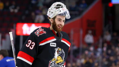 Grand Rapids Griffins goalie Sebastian Cossa (33) on the ice during the second period of the American Hockey League game between the Grand Rapids Griffins and Cleveland Monsters on November 1, 2023, at Rocket Mortgage FieldHouse in Cleveland, OH. (Photo by Frank Jansky/Icon Sportswire via Getty Images)