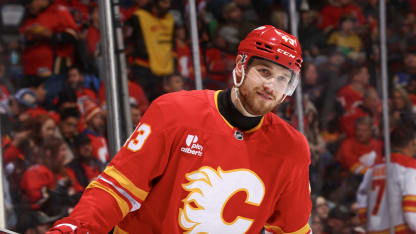 Adam Klapka #43 of the Calgary Flames plays the Vegas Golden Knights at the Scotiabank Saddledome on December 20, 2025 in Calgary, Alberta. (Photo by Gerry Thomas/NHLI via Getty Images)