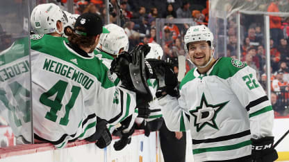 Matej Blumel #22 of the Dallas Stars celebrates his first period goal against the Philadelphia Flyers with his teammates on the bench at the Wells Fargo Center on November 13, 2022 in Philadelphia, Pennsylvania. (Photo by Steve Caplan/NHLI via Getty Images)