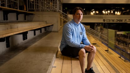 Adam Benak poses for a portrait during the 2025 NHL Scouting Combine at the HarborCenter on June 05, 2025 in Buffalo, New York. (Photo by Chase Agnello-Dean/NHLI via Getty Images)