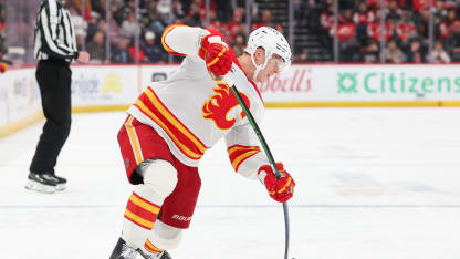 Olli Maatta #3 of the Calgary Flames takes a shot during the third period against the New Jersey Devils at Prudential Center on March 12, 2026 in Newark, New Jersey. (Photo by Andrew Mordzynski/Getty Images)