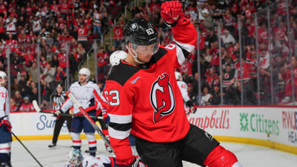 Jesper Bratt #63 of the New Jersey Devils celebrates his goal during the third period of the game against the Washington Capitals on April 2, 2026 at the Prudential Center in Newark, New Jersey. (Photo by Rich Graessle/NHLI via Getty Images)