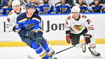 St. Louis Blues center Aleksanteri Kaskimaki (65) controls the puck with pressure from Chicago Blackhawks center Cole Guttman (70)] during a preseason NHL game between the Chicago Blackhawks and the St. Louis Blues, on September 28, 2024, at Enterprise Center, St. Louis, MO. (Photo by Keith Gillett/IconSportswire)
