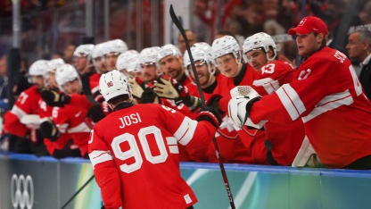 Roman Josi #90 of Team Switzerland celebrates with teammates after scoring a goal in the second period during the Men's Preliminary Group A match between Switzerland and Czechia on day nine of the Milano Cortina 2026 Winter Olympic games at Milano Santagiulia Ice Hockey Arena on February 15, 2026 in Milan, Italy. (Photo by Gregory Shamus/Getty Images)