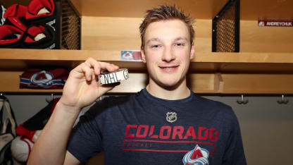Cale Makar Game 3 Playoffs Calgary Flames First goal puck pose 2019 April 15