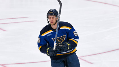 St. Louis Blues defensemen Philip Broberg (6) during a preseason game between the Dallas Stars and the St. Louis Blues on October 3, 2024, at the Enterprise Center in St. Louis MO