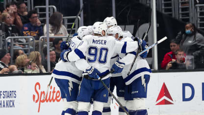 Nikita Kucherov #86 of the Tampa Bay Lightning celebrates his goal with teammates during the third period against the Los Angeles Kings at Crypto.com Arena on January 1, 2026 in Los Angeles, California. (Photo by Kelly Smiley/NHLI via Getty Images)