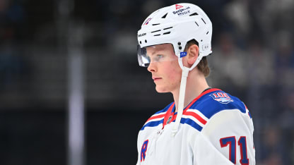 COLUMBUS, OHIO - MARCH 19: Juuso Parssinen #71 of the New York Rangers warms up prior to a game against the Columbus Blue Jackets at Nationwide Arena on March 19, 2026 in Columbus, Ohio. (Photo by Ben Jackson/Getty Images)